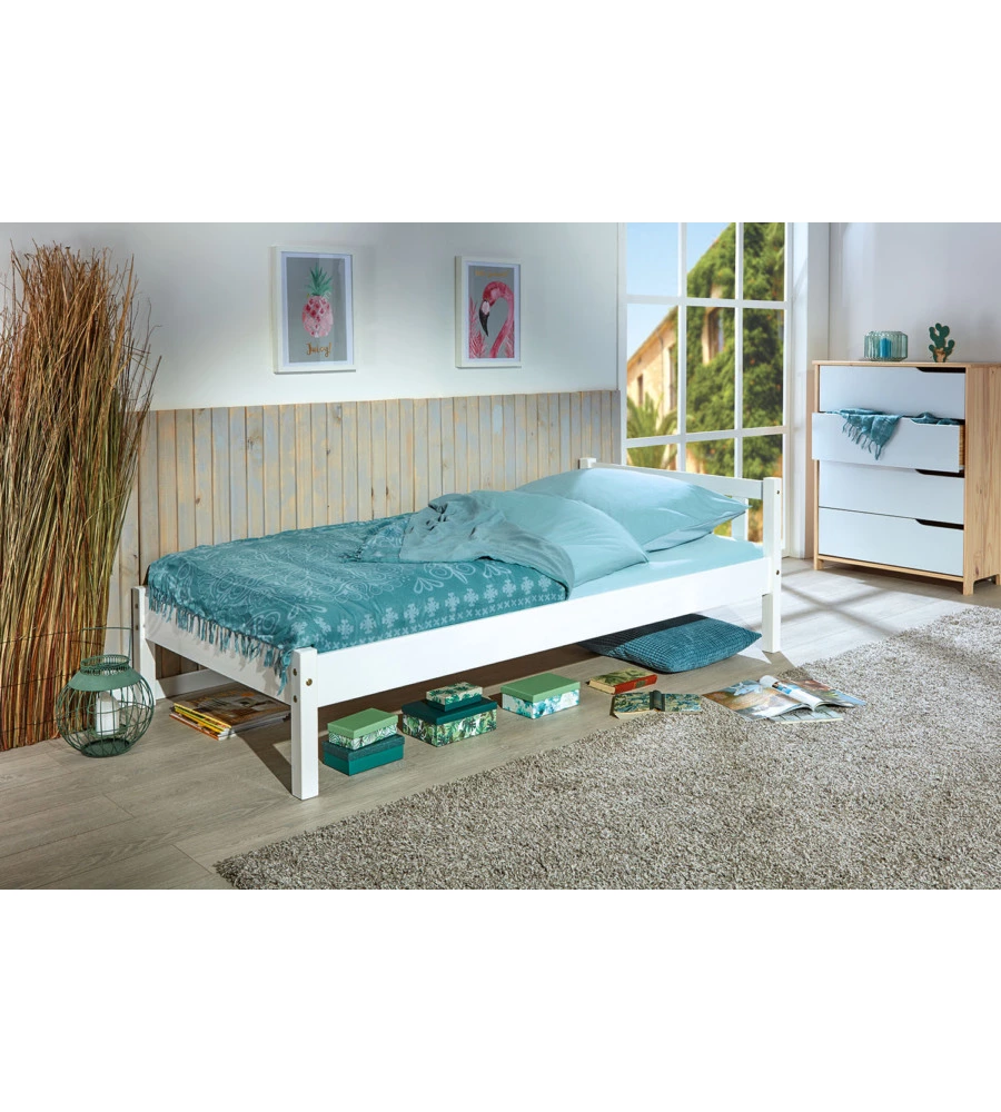 Letto singolo in pino massello bianco, 90x190 cm